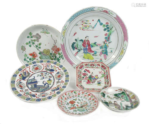 18th century Seven various enamelled plates and dishes