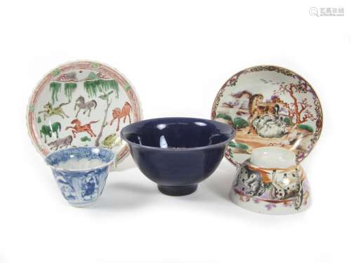 18th century A famille verte 'Eight Horses of Mu Wang' saucer dish, a tea bowl and saucer, and two bowls