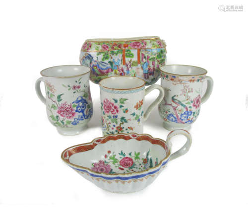 18th and 19th century Three famille rose tankards, a bourdaloue and a sauce boat