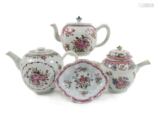 18th century Three famille rose teapots and covers together with a spoon tray