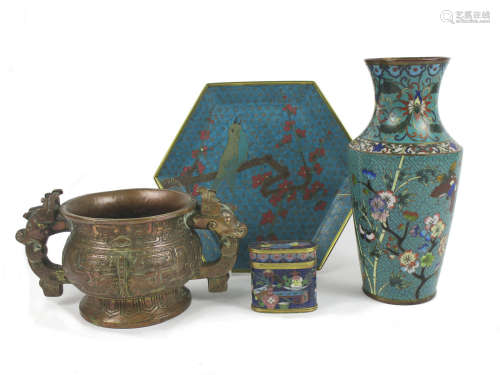 20th century A bronze incense burner and cloisonné enamel wares