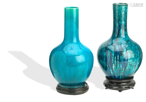 19th century Two turquoise-glazed bottle vases