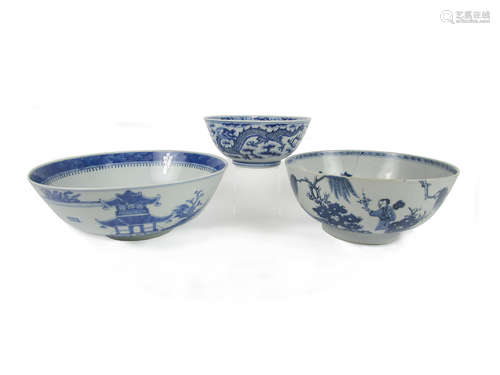 18th and 19th century Three blue and white bowls