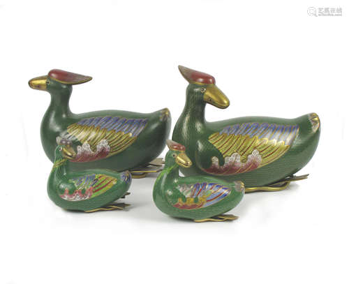 20th century A family of four cloisonné enamel Mandarin ducks