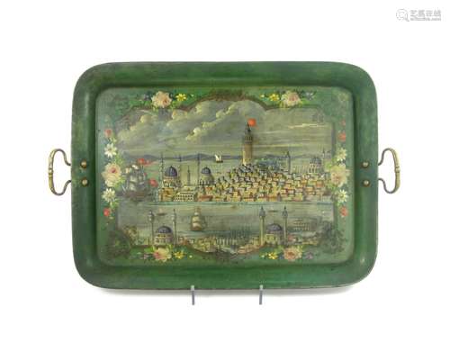 Turkey, 19th century An Ottoman painted tole tray depicting a view of Constantinople