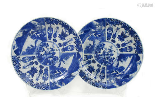 Kangxi four character marks but later A pair of blue and white plates