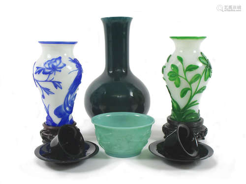 Three Peking glass vases together with a collection of other Peking glass