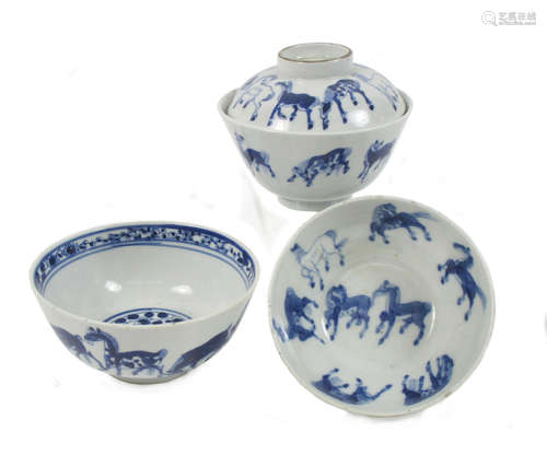 Two bowls and the cover bearing Ruo shen zhen cang marks Three blue and white 'Eight Horses of Mu Wang' bowls, one with cover