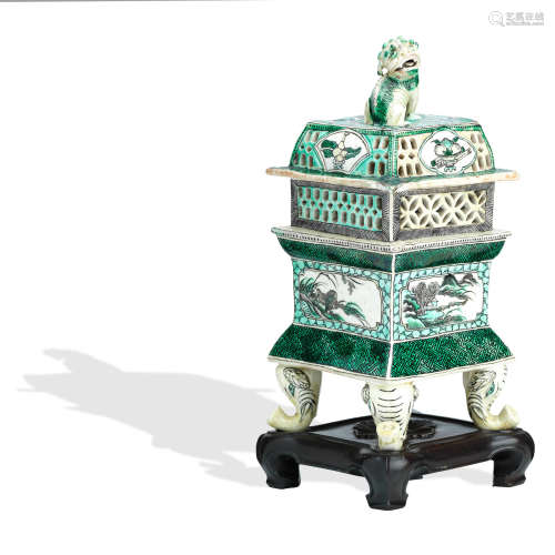 Kangxi style but late 19th century A famille verte incense burner and cover on wood stand