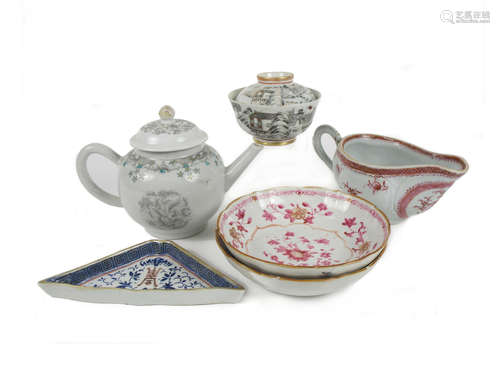 18th century A 'bullet' form tea pot and other porcelain table wares