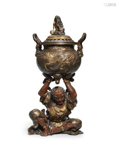 By Miyao Eisuke of Yokohama, Meiji era (1868-1912), late 19th/early 20th century A gilt-bronze okimono of Benkei holding aloft a Koro (incense burner) and cover