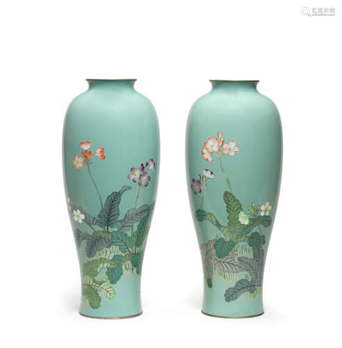 Probably by Ota Jinnoei, Meiji era (1868-1912), late 19th/early 20th century A pair of tall slender ovoid cloisonné-enamel vases