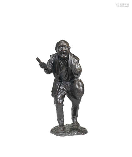 Meiji era (1868-1912), late 19th/early 20th century A bronze figure of an elderly man engaged in Yomawari (Night Watching)