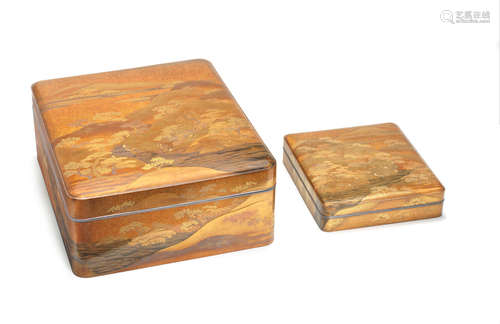 Meiji era (1868-1912), late 19th/early 20th century A matching gold-lacquer suzuribako (box for writing utensils) and bunko (document box) together with an unrelated gold-lacquer bundai (writing desk)