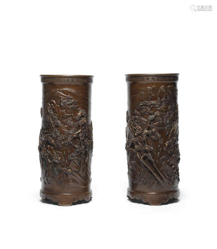 By Hasegawa, Meiji era (1868-1912), late 19th/early 20th century  A pair of tall cylindrical bronze vases