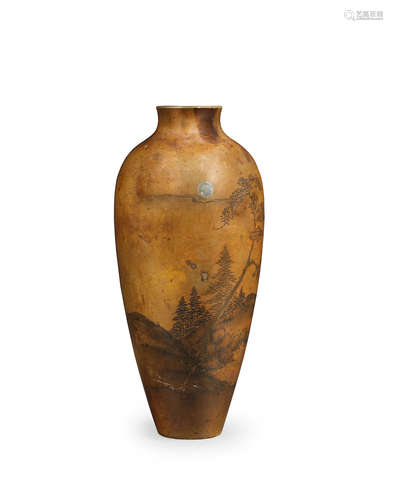 By probably Jomi Eisuke II, Meiji era (1868-1912), late 19th/early 20th century  A slender ovoid inlaid bronze vase