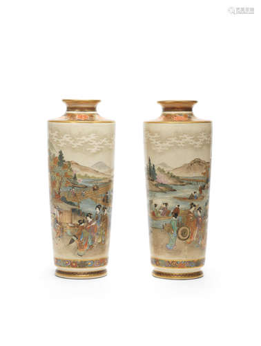 By Okamoto Ryozan, Meiji era (1868-1912), late 19th/early 20th century A pair of tall cylindrical satsuma vases