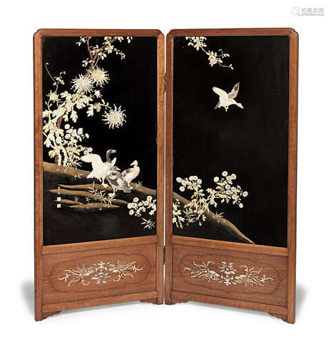 By Hiromitsu, Meiji era (1868-1912), late 19th/early 20th century A lacquered wood, ivory and inlaid two-panel folding screen