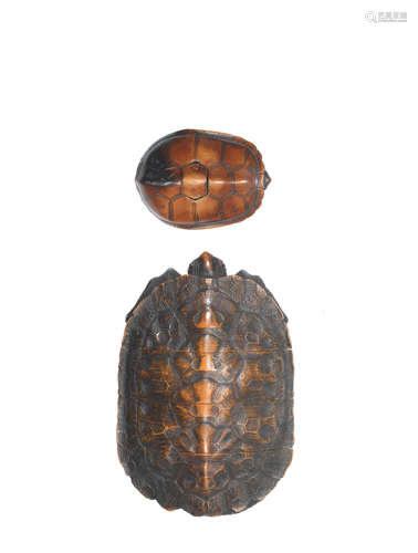 The inro by Gekko, Edo period (1615-1868), mid-19th century A boxwood three-case inro in the form of a tortoise and a wood netsuke of a tortoise