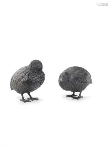 By the Maruki Company, Meiji era (1868-1912), late 19th/early 20th century  Two bronze okimono of quails