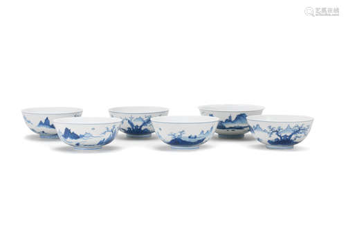 Probably by Seifu Yohei III (1851-1914), Meiji (1868-1912) or Taisho era (1912-1926), early 20th century Six porcelain blue-and-white bowls