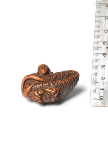 Edo period (1615-1868), mid-19th century A boxwood netsuke of a frog and crab