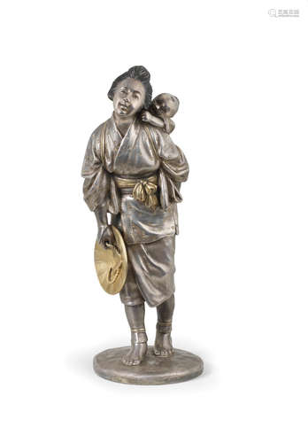 By Toyokawa Mitsunaga II (1850-1923), Meiji era (1868-1912), late 19th/early 20th century A silvered bronze figure of mother and child