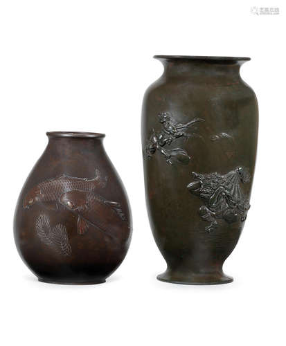 One by Shizan, Meiji era (1868-1912), late 19th/early 20th century Two bronze vases