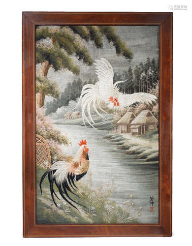 After a painting by Ito Jakuchu, Meiji era (1868-1912), late 19th/early 20th century A large framed embroidered wall hanging