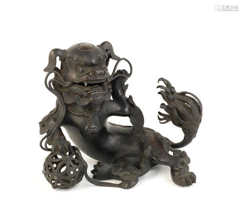 Meiji era (1868-1912), late 19th/early 20th century A Bronze koro (incense burner) and cover in the form of a shishi