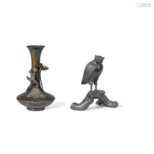 One by Murata Seimin (1761-1837) and one by Yasuyuki, Edo period (1615-1868) and Meiji era (1868-1912), early 19th to early 20th century A Baluster Tall-necked Bronze Vase and A Bronze Okimono of an Owl