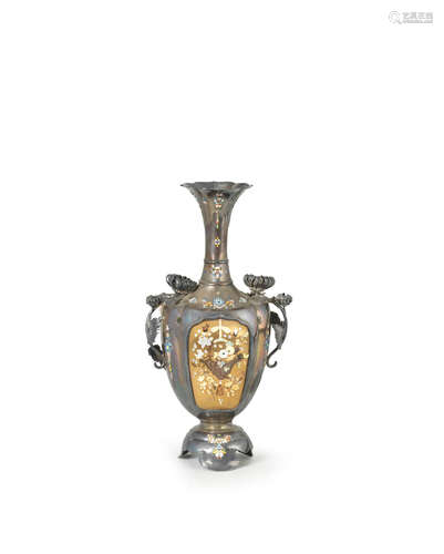 By Mitsutsugu, Meiji era (1868-1912), late 19th/early 20th century A silver and inlaid Shibayama vase