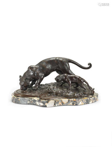 By Genryusai Seiya, Meiji era (1868-1912), late 19th/early 20th century A bronze okimono group of two tigers