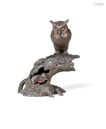 Meiji era (1868-1912), late 19th/early 20th century A bronze okimono group of an owl and monkey