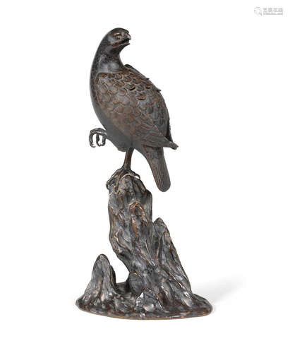 Meiji era (1868-1912), late 19th/early 20th century A bronze okimono of a koro (incense burner) and cover in the form of a quail