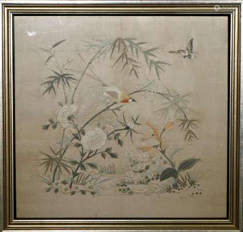 Framed Silk Embroidery of Flowers and Birds