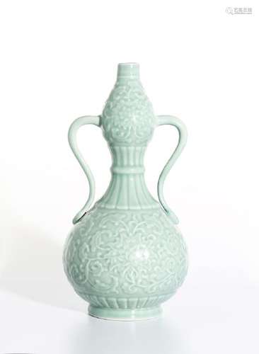 Fine Carved Celadon Glazed Double-Gourd Vase