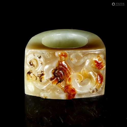 Carved Hetian Jade Archer Thumb Ring of Dragon