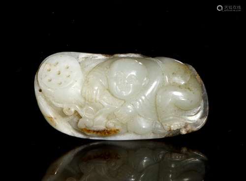 Hetian White Jade Figure of Child and Lotus