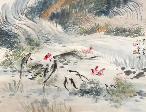 Chinese Scroll Painting of Fish in the Pond