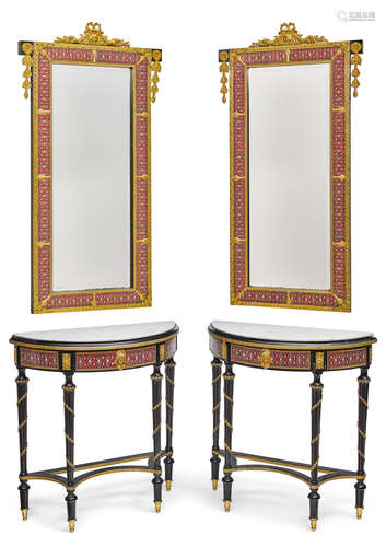 20th Century A pair of Louis XVI style brass and bronze mounted partial ebonized and enamel decorated marble top console tables and mirrors