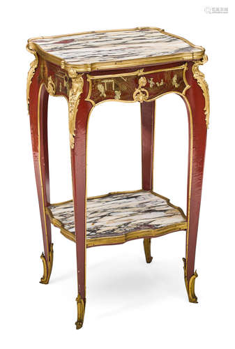 Late 19th/early 20th century A good Louis XV style gilt bronze mounted chinoiserie decorated marble top table