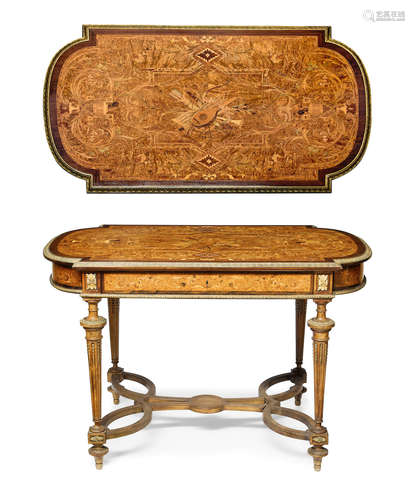 Third quarter 19th century A Napoleon III gilt bronze mounted marquetry inlaid amboyna table de milieu