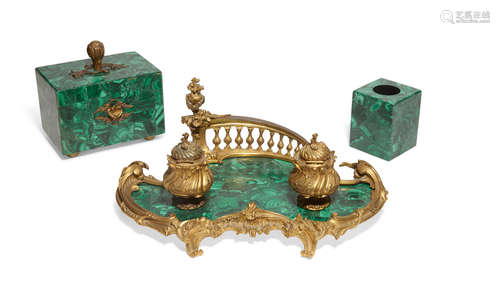 Late 19th century, later veneered A Louis XV style gilt bronze and malachite veneered writing desk set