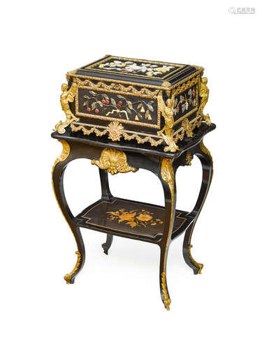 Second half 19th century A Napoleon III gilt bronze mounted hardstone inset ebonized casket on standby Charles Guillaume Diehl, Paris