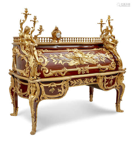 Circa 1900 An Important Louis XV style gilt bronze mounted mahogany cylinder bureau by François Linke, Paris