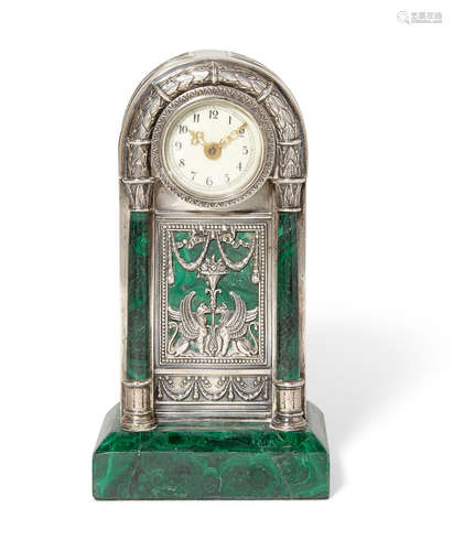 A Neoclassical style silver and malachite desk clock