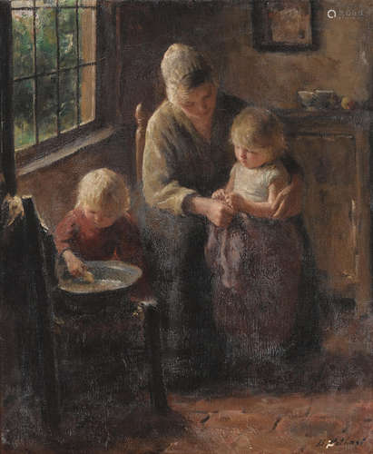 A mother with her children in a cottage interior 22 1/4 x 18in (56 x 46cm) Bernard Pothast(Dutch, 1882-1966)