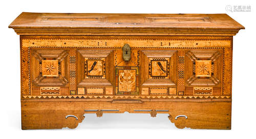 A Continental Baroque marquetry and parquetry inlaid oak chest Dutch or German