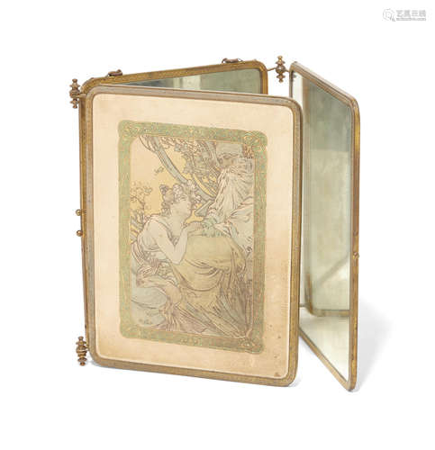 After Alphonse Mucha (1860-1939)Early 20th century An embossed and printed leatherette gilt metal mounted three fold table mirror